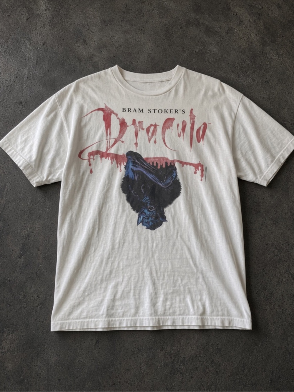 Gildan White Bram Stoker's Dracula Graphic Tee with Red and Blue Print